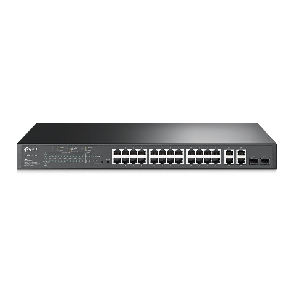 TPLink SL2428PV1 JetStream 24-Port Gigabit + 24-Port 10/100Mbps Smart Switch with 24-Port PoE+ - MojoTech