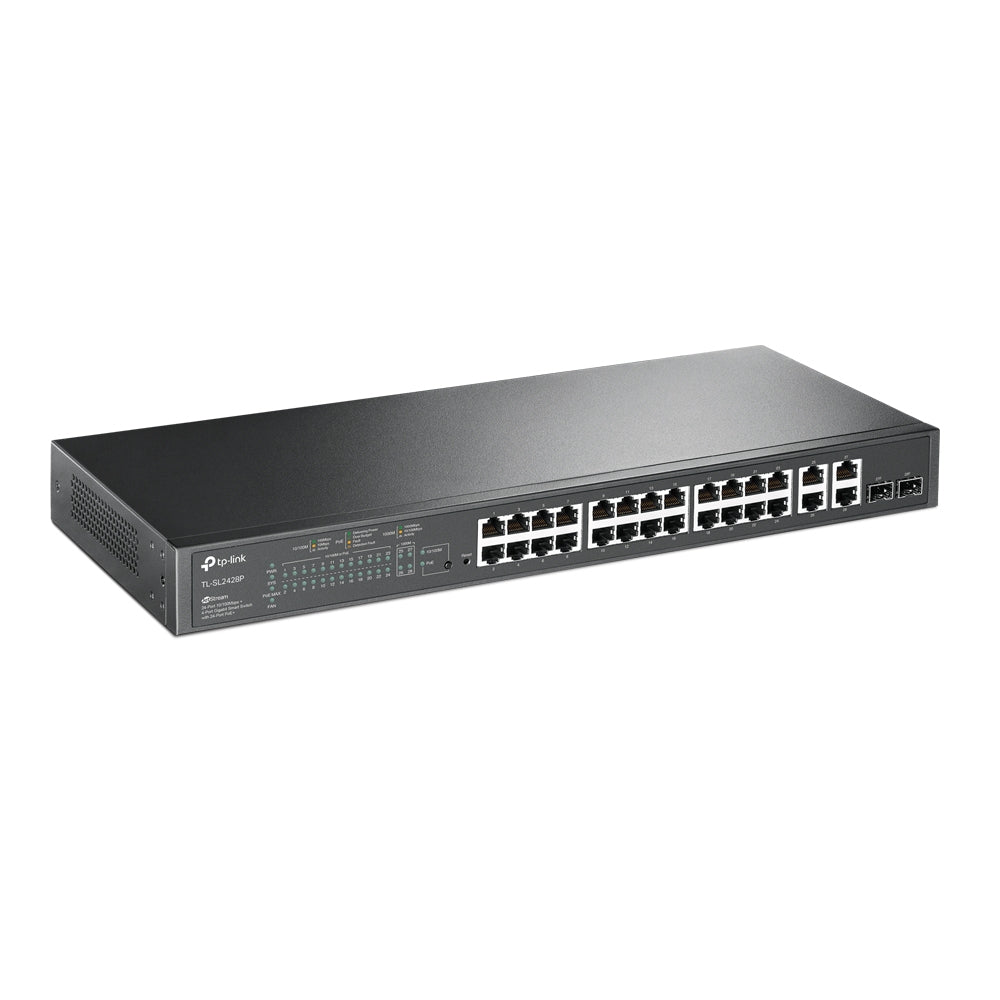 TPLink SL2428PV1 JetStream 24-Port Gigabit + 24-Port 10/100Mbps Smart Switch with 24-Port PoE+ - MojoTech