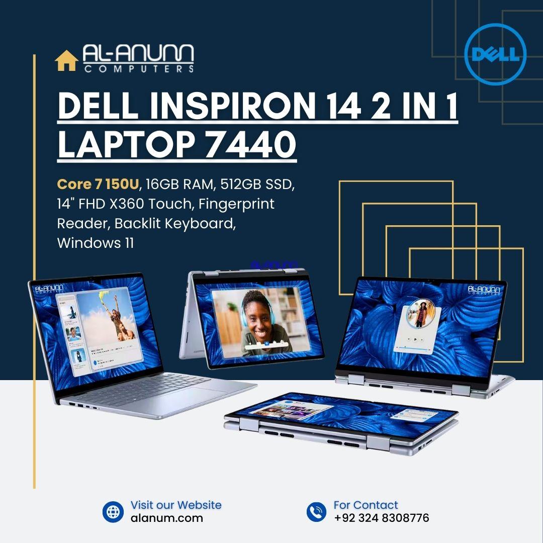 Dell Inspiron 14 2-in-1 Convertible Touchscreen Laptop 7440 – Intel Core Ultra 7 150U (14th Gen), 16GB RAM, 512GB SSD, 14" Full HD X360 Display, Fingerprint Reader, Backlit Keyboard, Windows 11 – Ice Blue | Al Anum Karachi - MojoTech