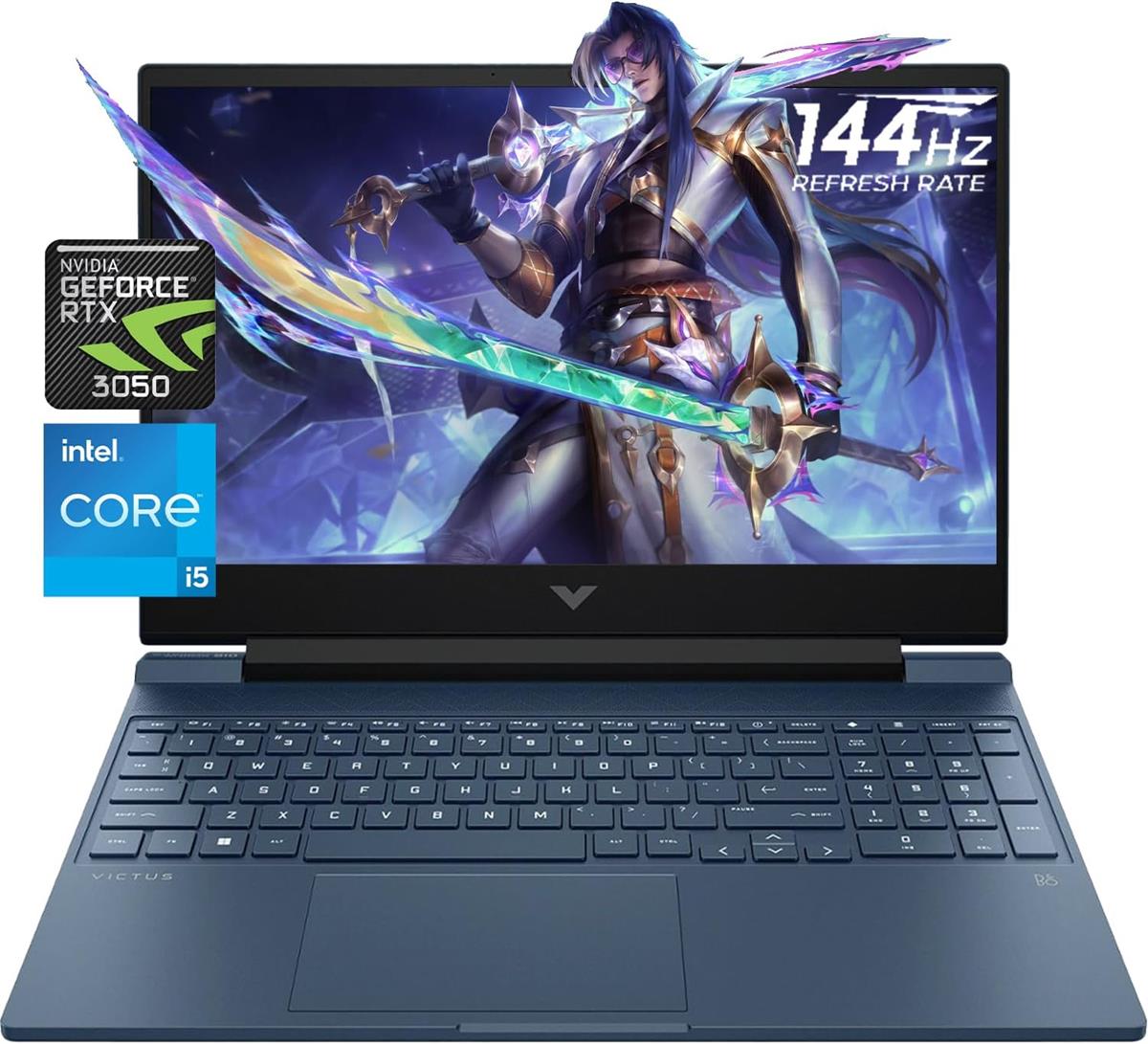HP Victus Gaming Laptop 15 FA0033DX - Core i5 12th Gen 12450H, 8GB RAM, 512GB SSD, NVIDIA RTX 3050 4GB, 15.6" FHD 144Hz, Backlit Keyboard, Windows 11 - Blue