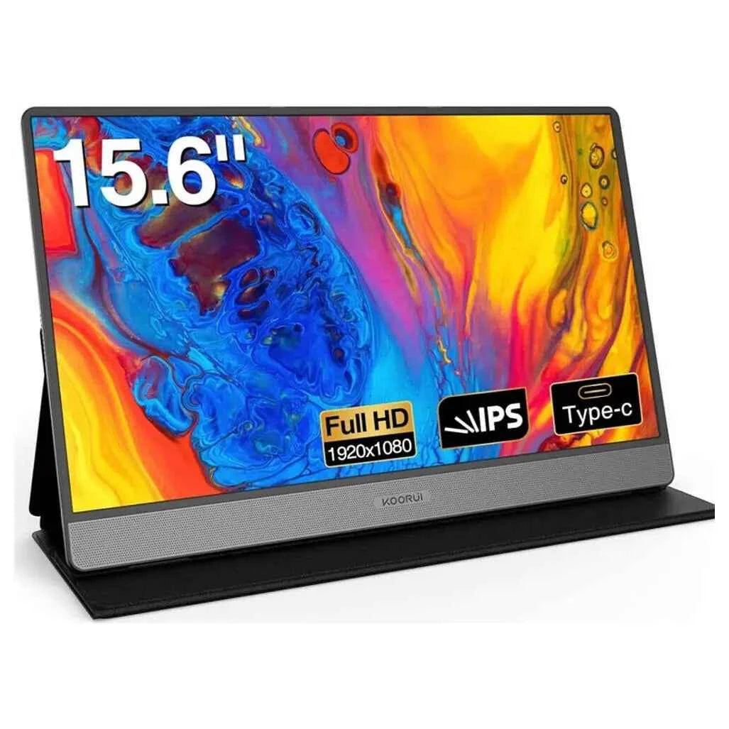KOORUI E1511A 15.6" Portable Monitor, 1920 x 1080 FHD IPS 60Hz, USB-C Full Function and Mini HDMI, 45% NTSC 200 Nits, LED Backlight, Built-In Speaker