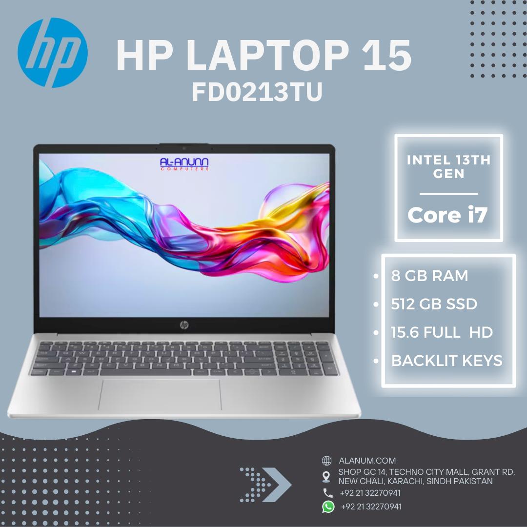 HP Laptop 15-fd0213TU - Core i7 13th Gen, 8GB RAM, 512GB SSD, 15.6" FHD, Backlit Keyboard, DOS - Silver - MojoTech