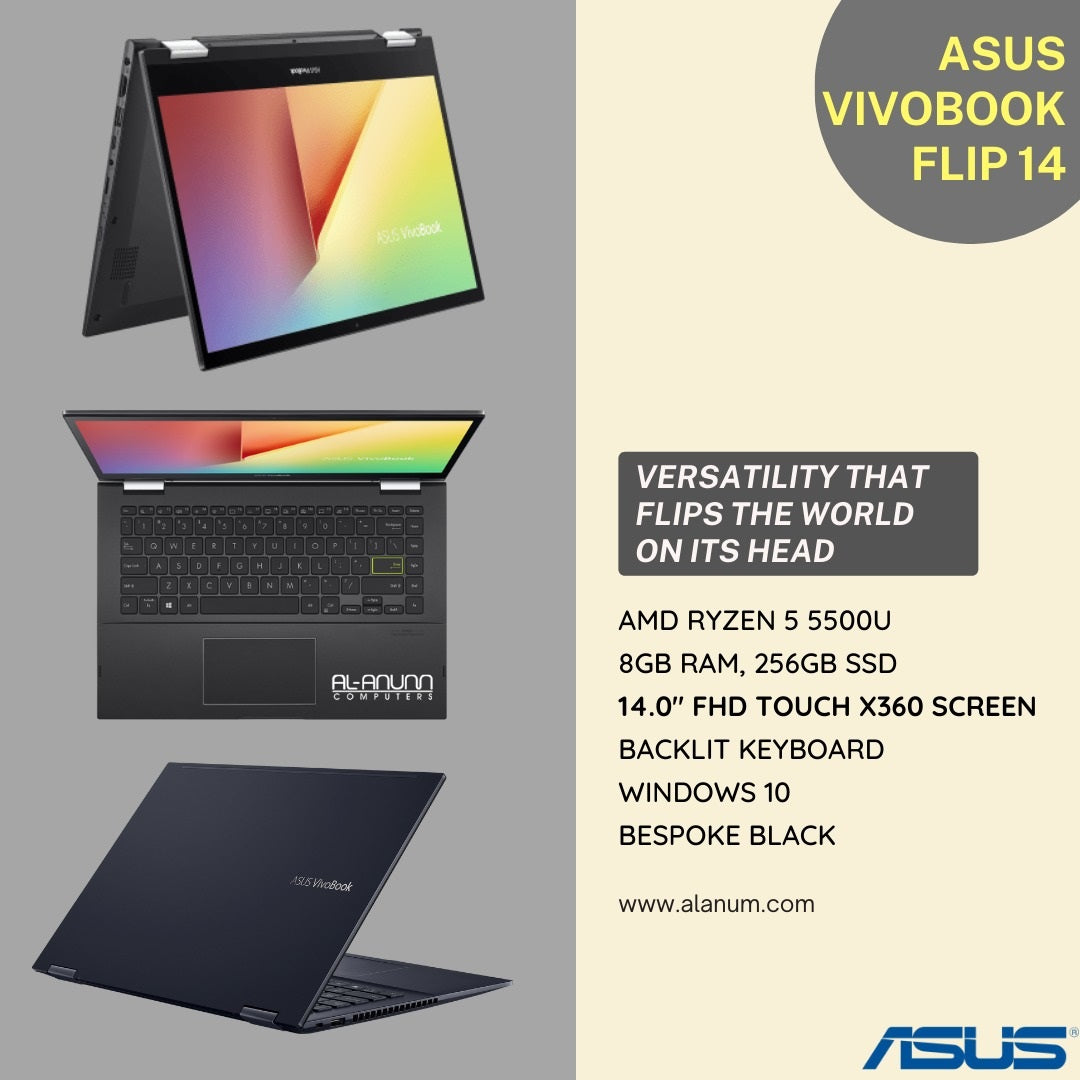 ASUS VIVOBOOK TM420U, Ryzen 5 5500U, 8GB, 256GB SSD, 14" FHD TOUCH X360 Screen, BL-K, W10, BLACK - MojoTech