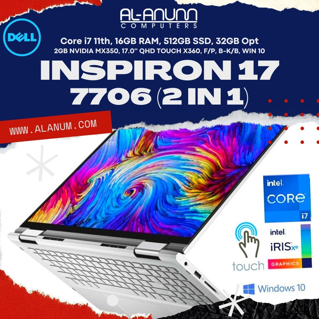 DELL INSPIRON 7706, Ci7 11th,  16GB RAM, 512GB SSD,  2GB NVIDIA MX350, 17.0'' QHD TOUCH X360, F/P, B - MojoTech