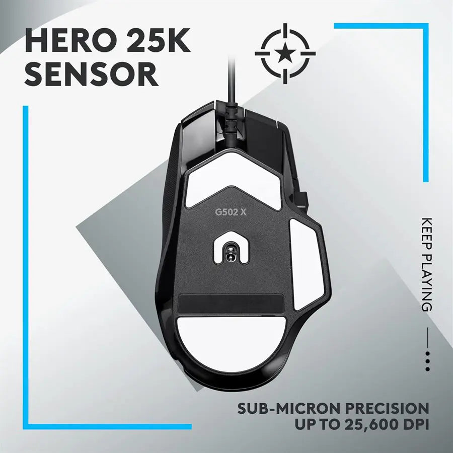 Logitech G502 X Gaming Mouse, Hero 25K Sensor, Wired, Black