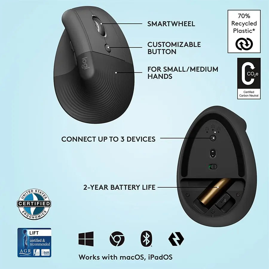 Logitech Lift Vertical Ergonomic Mouse - Ergo Series, Wireless, Bluetooth or Logi Bolt USB - Rose