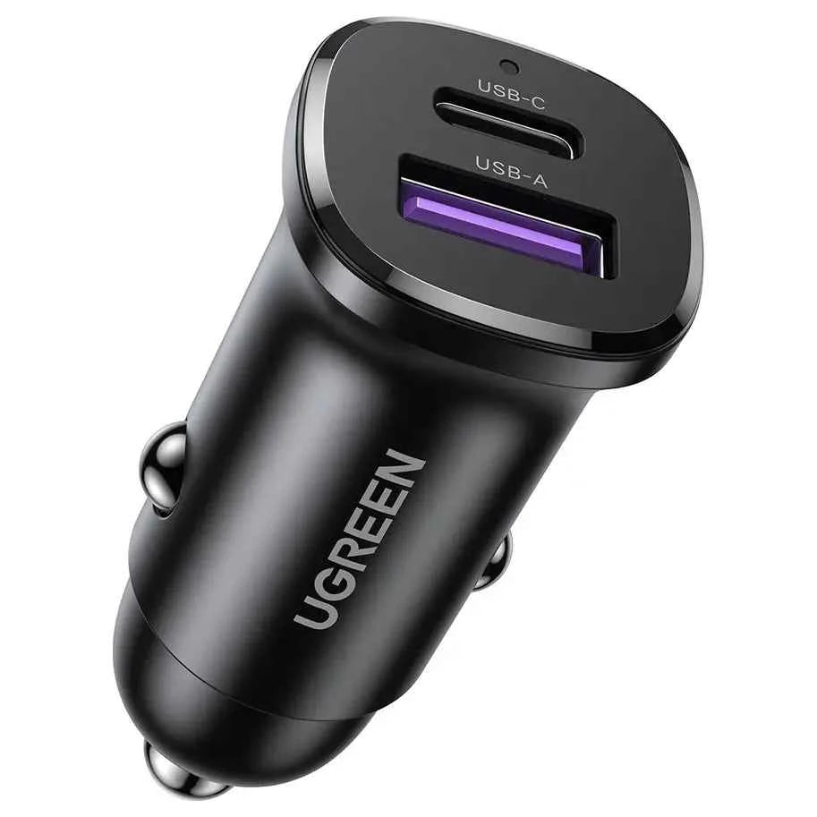 Ugreen EC305 25845 2-Port Fast Car Charger, USB-C PD 30W Max and USB-A QC 22.5W Max, 30W, Black