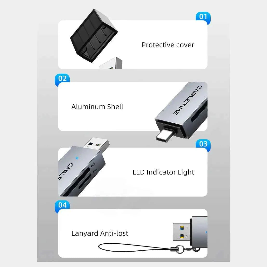 CABLETIME CD40G USB C and USB 3.0 to Micro SD Card Reader, Dual Port USB A and USB C, SD and TF3.0 104Mb/s, Aluminum and ABS