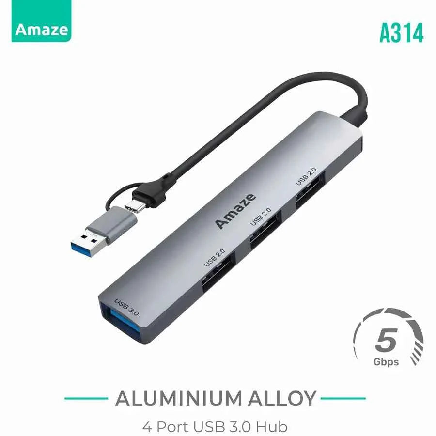Amaze A314 4-Port USB 3.0 Hub with Dual Inputs, 5Gbps Speed, Aluminum Alloy Case