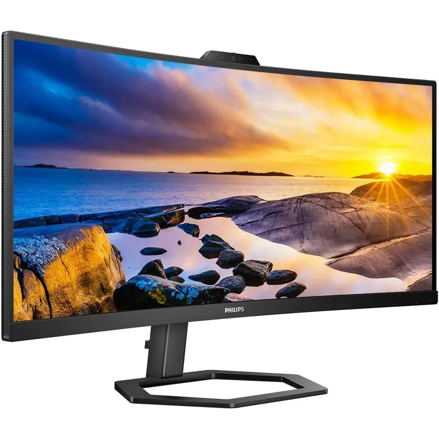 Philips 34E1C5600HE Curved Monitor, 34" UltraWide QHD, 100Hz, Built-in Windows Hello Webcam, Noise Canceling Mic, USB-C Docking, Stereo Speakers, Black