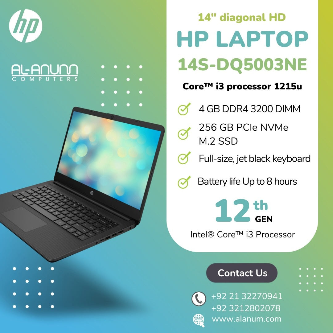 HP Notebook 14s-DQ5003ne, Ci3 12TH, 4Gb, 256GB SSD, 14" HD, Dos, Jet Black - MojoTech