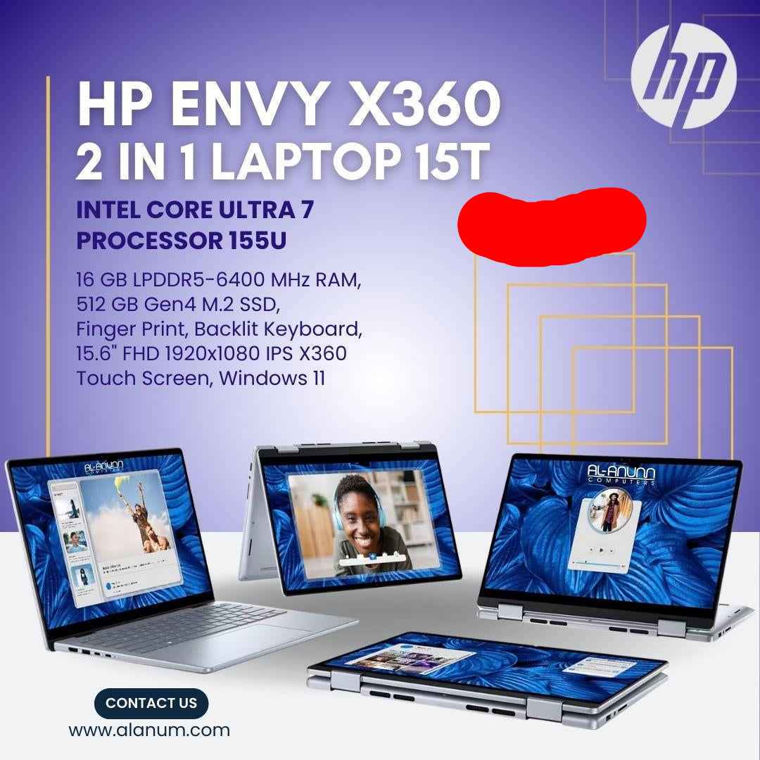 HP ENVY x360 15T-fe100 - Core Ultra 7 155U, 16GB RAM, 512GB SSD, 15.6" FHD IPS Touch, Backlit Keyboard, Fingerprint Reader, Windows 11 - Silver
