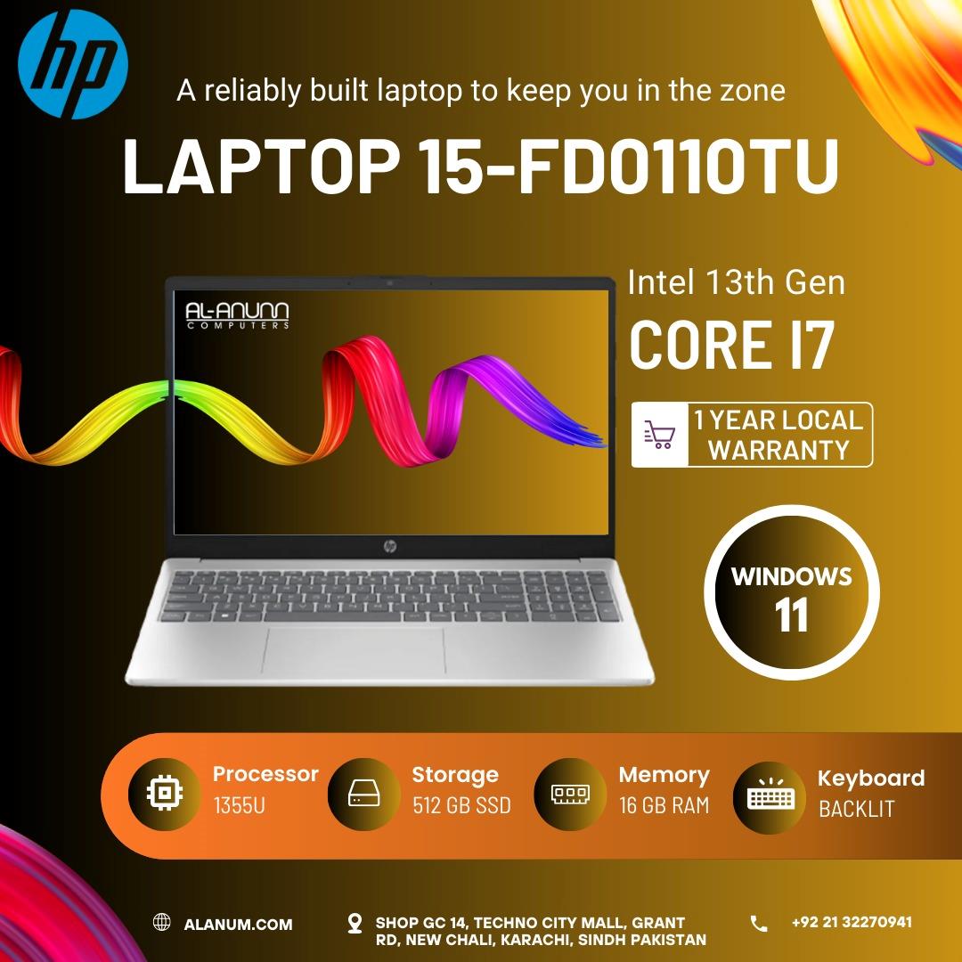 HP Laptop 15-fd0110tu - Core i7 13th Gen, 16GB RAM, 512GB SSD, 15.6" FHD, Backlit Keyboard, Windows 11 - Silver (1 Year Local Warranty) - MojoTech