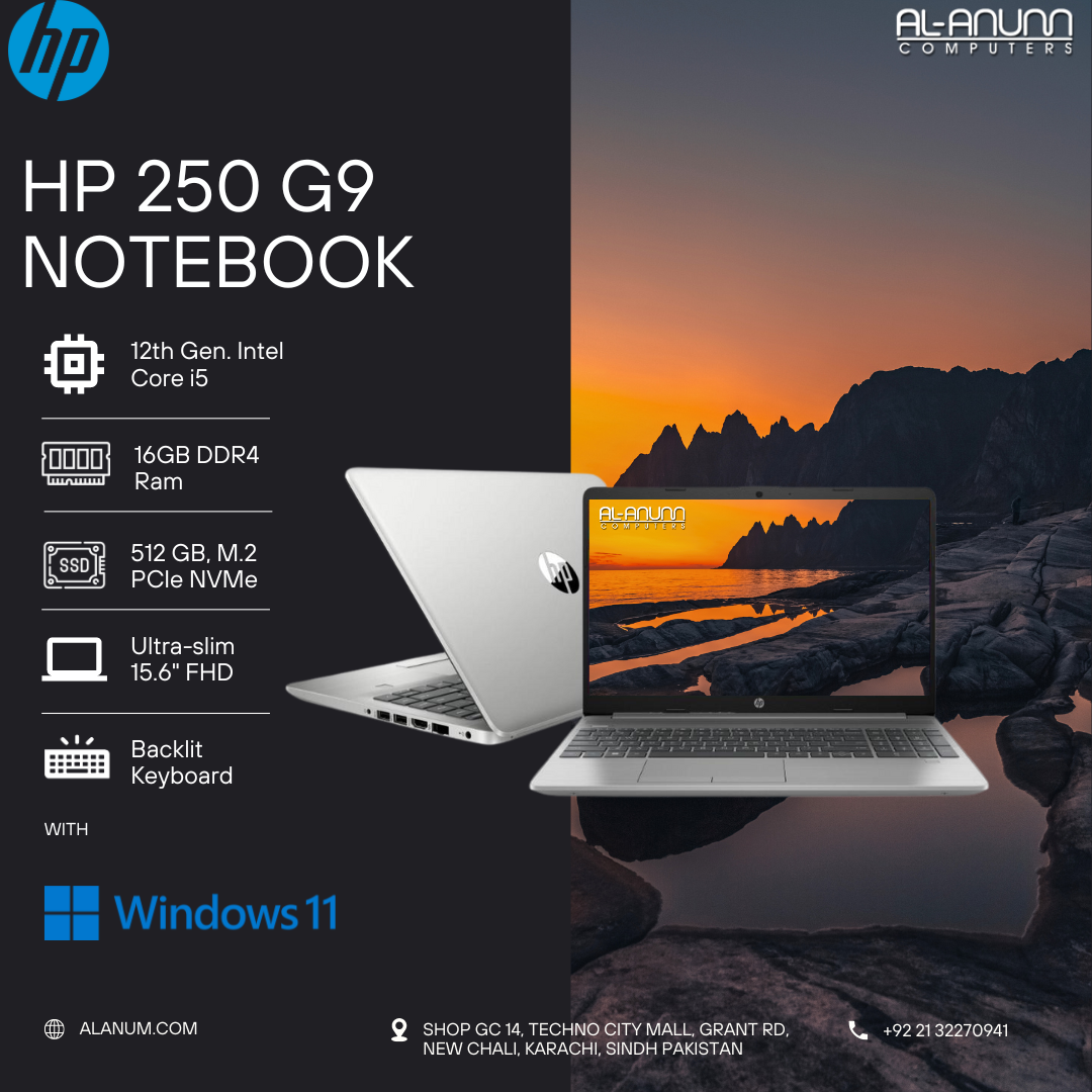 HP Laptop 250 G9, Ci5 12TH, 16Gb, 512GB SSD, 15.6" FHD, BL-K, FPR, W11, Ash Silver - MojoTech