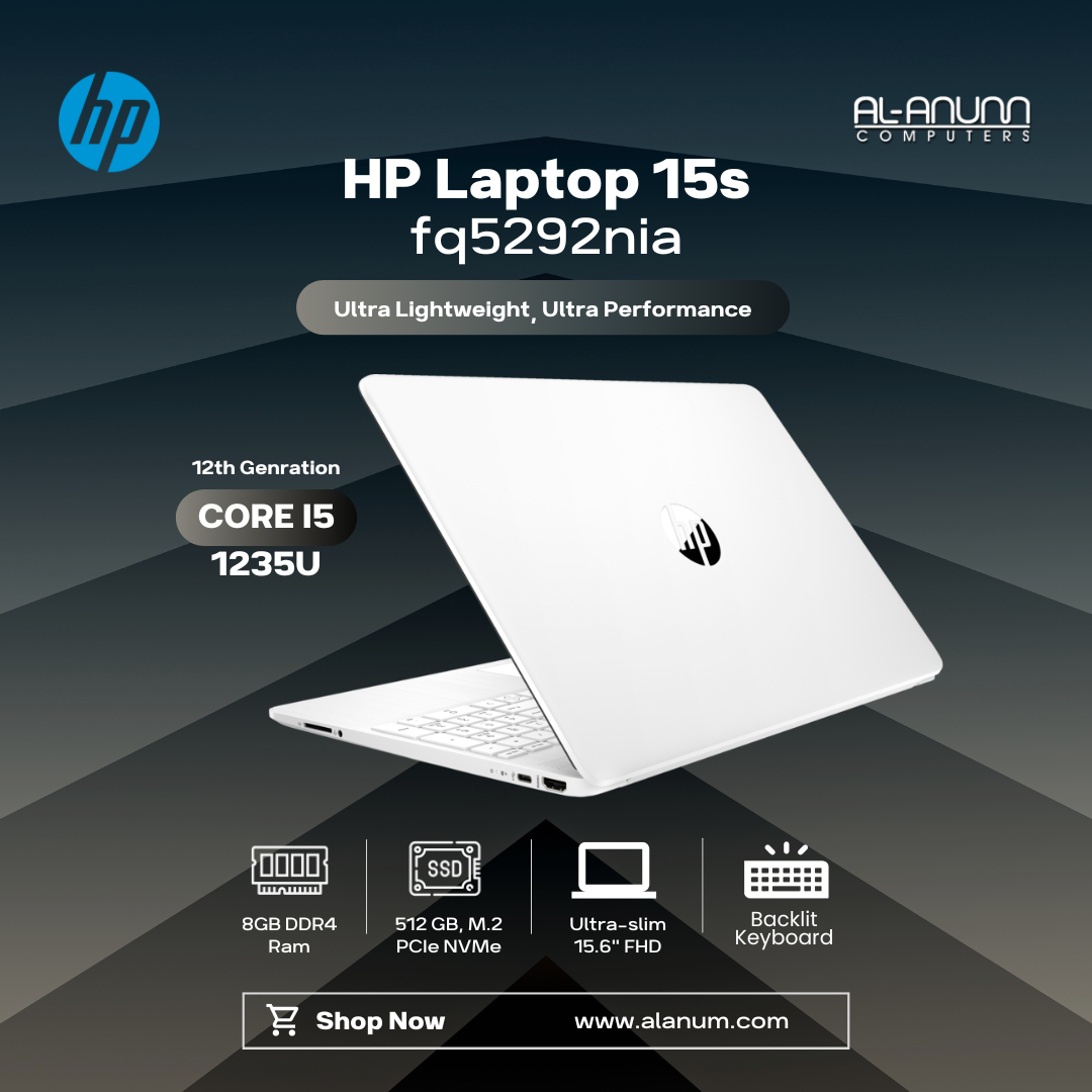 HP Laptop 15-fq5292nia, Ci5 12TH, 8Gb, 512GB SSD, 15.6" FHD, BL-K, Dos, White - MojoTech