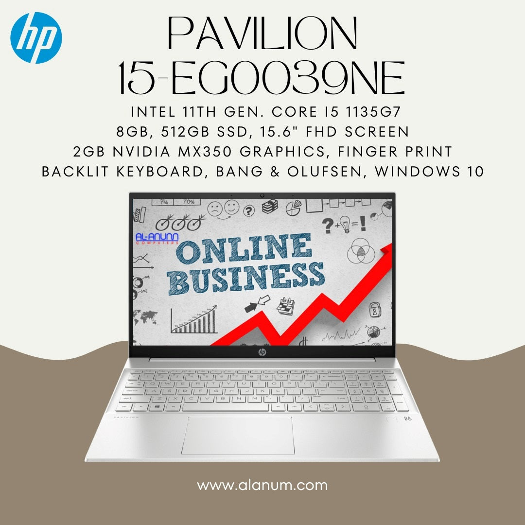 HP Pavilion 15-EG0039NE,Ci5 11TH, 8Gb, 512GB SSD, 15.6" FHD, 2GB MX350, FPR, BL-K, B&O, W10, Silver - MojoTech