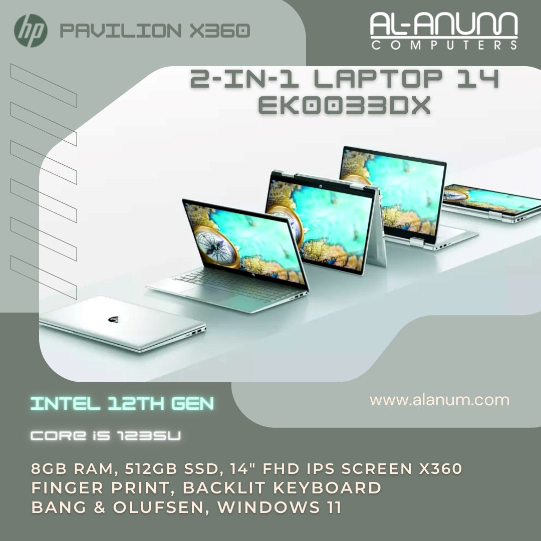 HP Pavilion X360-14-ek0033dx,Ci5 12TH, 8Gb, 512GB SSD, 14" FHD IPS Touch, FPR, BL-K, B&O, W11, Silver - MojoTech